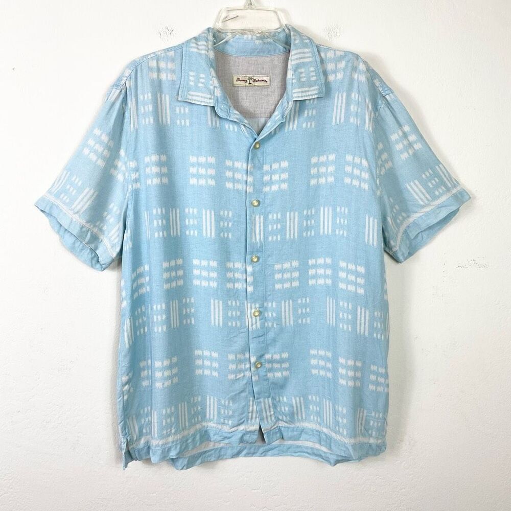 Tommy Bahama Light Blue & White Dashed Silk Blend Short Sleeve Button Shirt XL